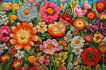 Wall Mural - Intricate stitches form vibrant flowers on fabric, stumpwork embroidery a blooming masterpiece.