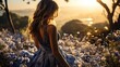 © Juan - Ethereal woman in floral field at sunset, golden light enhancing beauty and surrounding nature.