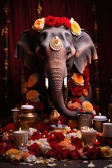 Poster - A statue of an elephant surrounded by flowers and candles. AI.