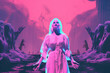 Entranced woman in luminous neon landscapes with statuesque figures and ethereal horizons