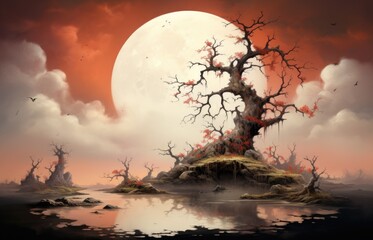 Wall Mural - A painting of a tree on a small island with a full moon in the background. AI.