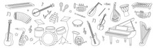 Musical Instruments Sketch Set. Musical School Horizontal Illustration. Tuba, Trumpet, Drum Flute, French Horn, Lute, Violin, Electric Bass Guitar.