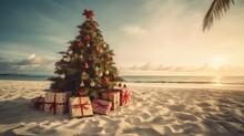 Decorated Christmas Tree On Sandy Beach. Christmas Tree On A Beautiful White Sandy Beach Paradise In The Summer