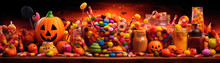 Bright Illustration Of Candies On A Colorful Halloween-style Background. Generative AI