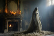 Eerie draped figure in a luxurious haunted mansion room with burning candles and ornate fireplace