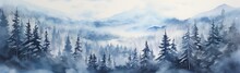 A Painting Of Blue Trees And Firs Along With White Snow Generative AI