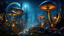 Fantasy Enchanted Fairy Tale Forest With Magical Mushrooms, Fairytale Butterflies And Huge Moon. Mystical Fly Agarics Glow In A Mysterious Forest. Magic Light.