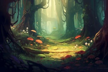 Wall Mural - Illustration of a forest interior with painted background. Generative AI