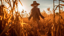 An Illustration Of A Scarecrow Bathing In The Eerie Light Of A Halloween Bonfire, Casting Long Shadows On The Tall Grass Of A Field. Generative AI