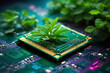the concept of nature emerging from a computer chip, signifying new life and an eco-friendly concept that combines technology with the natural world.