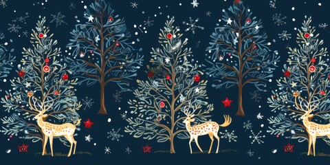 Wall Mural - christmas tree wreath with deers on a blue background Generative AI