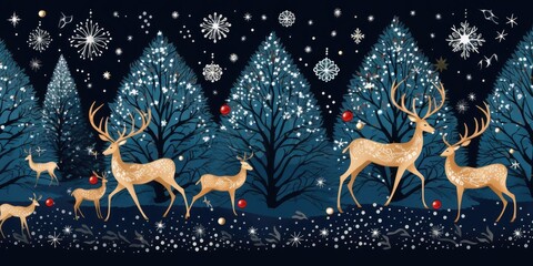 Wall Mural - christmas tree wreath with deers on a blue background Generative AI