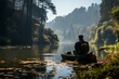 A tranquil scene of a lone angler casting a line into a glassy lake, surrounded by lush greenery and the stillness of nature, conveying the relaxation and connection to the outdoors in fishing