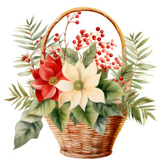 Cute watercolor Christmas flowers in basket, bouquet, floral, on white background, clip art, red, green, white, gold, greeting card, illustration