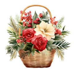 Cute watercolor Christmas flowers in basket, bouquet, floral, on white background, clip art, red, green, white, gold, greeting card, illustration