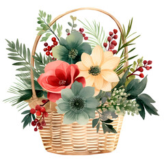 Cute watercolor Christmas flowers in basket, bouquet, floral, on white background, clip art, red, green, white, gold, greeting card, illustration