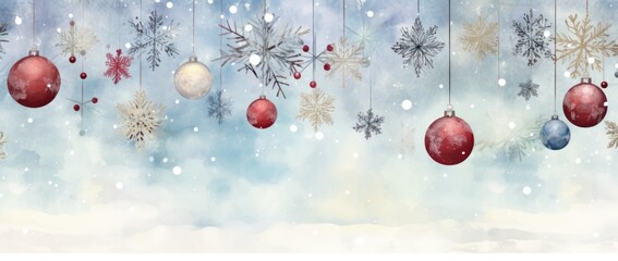 Poster - festive christmas background with christmas ornaments and snowflakes generative ai