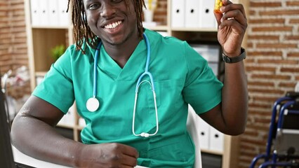 Wall Mural - African american man doctor holding bottle of pills at the clinic