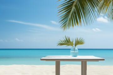 table on beach with blue sky and palm leaf background. generative ai