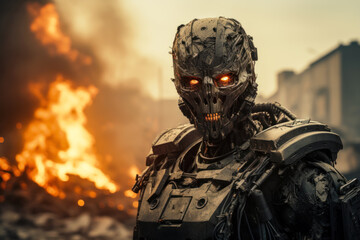 Poster - Military robot, portrait of futuristic soldier on fire background