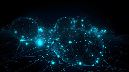 Poster - points and lines in the network, information field, information communication algorithms, Internet and technology on a dark background