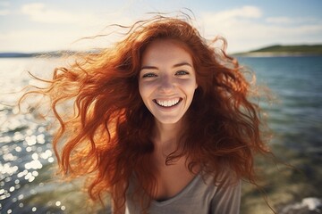 Happy redhead woman with tousled hair and beautiful smile by lake