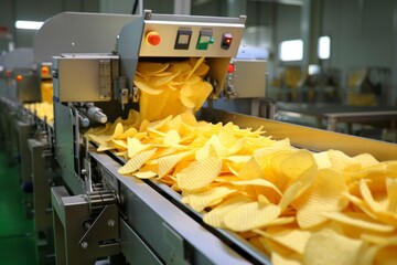 Wall Mural - Chips factory. Production conveyor line. Background with selective focus and copy space