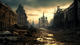 Fototapeta Londyn - Post apocalypse in Russia, apocalyptic scene of destroyed city at sunset