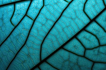 Macro closeup of a horseradish leaf with a mosaic pattern of cells and veins on an abstract nature background tinted blue green