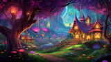 A colorful forest city of fairies with magical glowing plants, ancient mighty moss-covered trees. ai