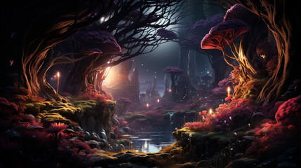 Poster - A beautiful fairytale enchanted forest at night with fabulous Fairytale blooming Flower. ai