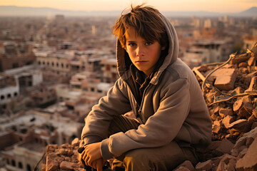 portrait of a young boy on top of the ruins of a house