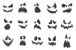 © Zelenaya - Carved pumpkin faces silhouettes isolated on white background. Jack-O-lantern icon set. Halloween vector illustration. Fall holiday spooky decoration set.