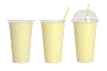 Wall Mural - Collage with plastic cup full of tasty smoothie isolated on white
