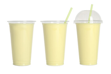 Canvas Print - Collage with plastic cup full of tasty smoothie isolated on white