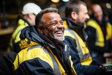 Hispanic Firefighter Man Laughing With Other Firefighters
