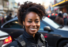 Portrait Of Black Woman Police Officer On Street Smiling
