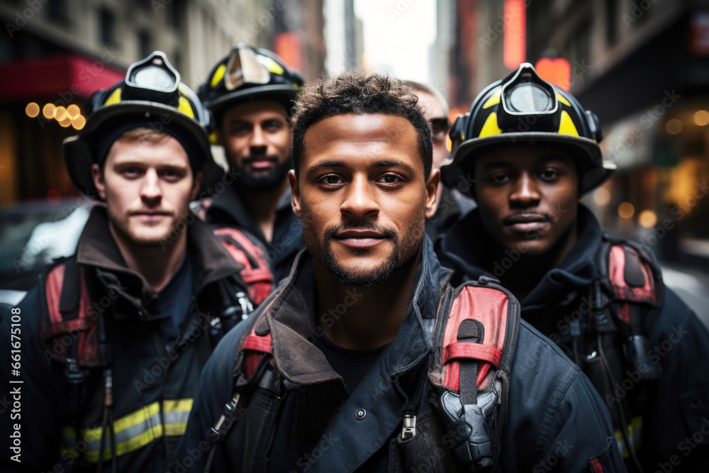 Group portrait of mixed race firefighters in uniforms on city street ...