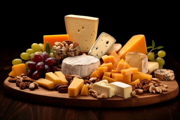 Variety parmesan board snack wooden food assortment gourmet grapes cheese different french brie