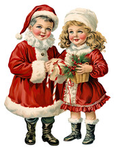 PNG Christmas Clip Art. Kids Wearing Santa Claus Clothing And Holding Gifts