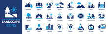 Landscape Icon Set. Containing Mountain, Forest, River, Beach, Desert, Field, Island, Volcano, Waterfall, And More. Vector Solid Symbol Collection.
