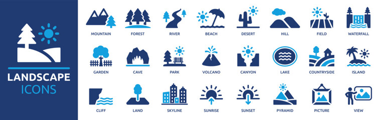 landscape icon set. containing mountain, forest, river, beach, desert, field, island, volcano, water