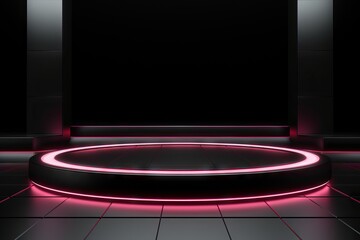 Wall Mural - empty podium with red lights on black background, in the style of luxurious geometry, circular shapes, minimalist stage designs.