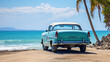 Classic car's rear view, parked by a serene tropical shoreline