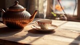 Fototapeta  - Vintage teapot beside scattered tea on a sunlit tabletop