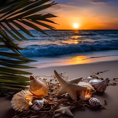 Wall Mural - sea shells and starfish on sand beach and palm leaves with sea and twilight background view. generated ai