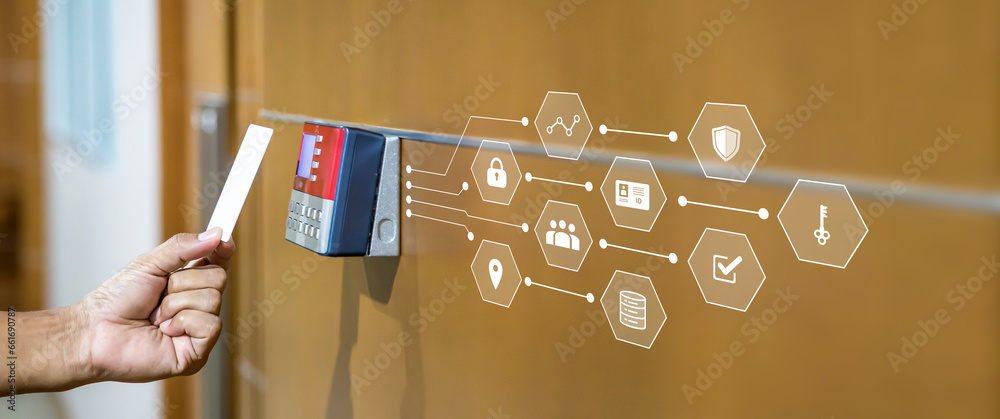 Proximity card door unlock, Hand security man using fingerprint scan on ...
