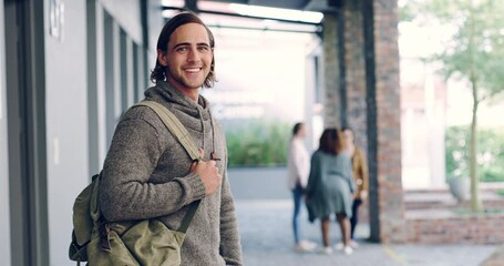 Aufkleber - Man, portrait and happy for education at university, gen z and scholarship on campus in california. Student, face and smile by classroom for learning, research and college by outdoor with backpack