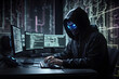 Hackers using laptops with binary codes digital interfaces