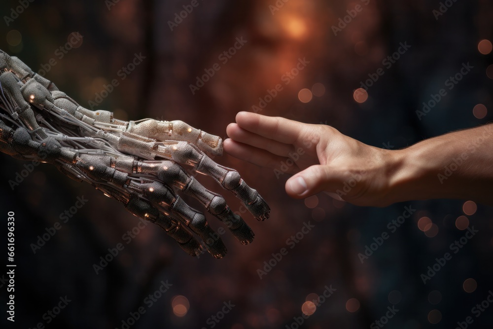 Machine learning AI Hands of robot and human touching on big data ...